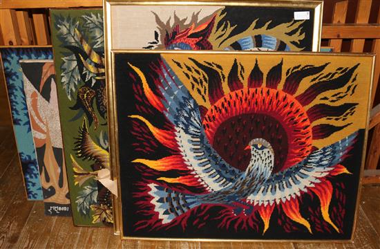 4 framed woolwork tapestries & an African mixed media